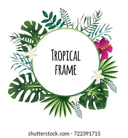 Round tropical frame, template with place for text. Vector illustration, isolated on white background.