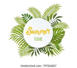 Round tropical frame, template with place for text. Vector illustration, isolated on white background.