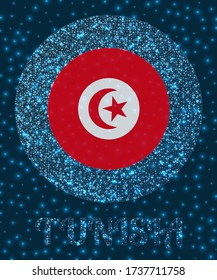 Round Tunisia badge. Flag of Tunisia in glowing network mesh style. Country network logo. Superb vector illustration.