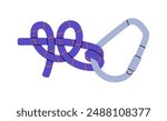 Round turn and two half hitch knot with carabiner. Tutorial of marine bond, tie for climbing. Technique of rope bundle, cord node with carabine. Flat isolated vector illustration on white background