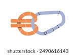 Round turn and two half hitch knot with carabiner closeup tutorial. Marine bond, cord tie for climbing. Technique of rope bundle, node with carabine. Flat isolated vector illustration on white