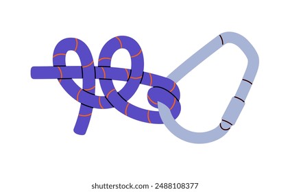 Round turn and two half hitch knot with carabiner. Tutorial of marine bond, tie for climbing. Technique of rope bundle, cord node with carabine. Flat isolated vector illustration on white background