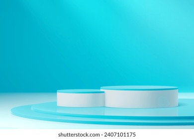 Round turquoise or blue podium stage. 3d vector realistic platform or pedestal mockup for products displaying. Studio background with circular low stand for cosmetics presentation, modern, showcase