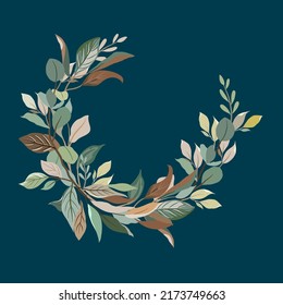 A Round Twig Of Wild Autumn, Colorful Small Flower And Leaves, Topical Green Leaves, Flat Vector Hand Drawn Image.