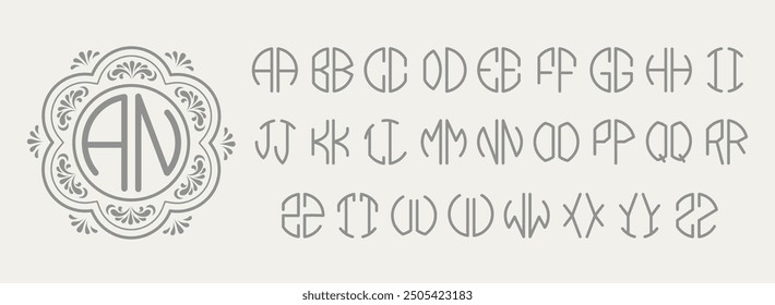 Round two letters monogram kit. Elegant initials letter pairs in circle shape, retro stamp with half circle alphabet letters. Custom font for personal emblem vector template.