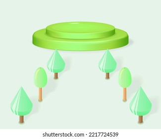 Runde zwei Ebenen 3d Bühne und Reihe von Bäumen. Grünes Zylinder-Podium auf Sommer- oder Frühjahrslandschaft Naturlandschaft Hintergrund für Präsentation, Show-Produkt, Podest oder Plattform Vektor-Illustration.