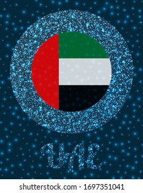 Round UAE badge. Flag of UAE in glowing network mesh style. Country network logo. Beautiful vector illustration.
