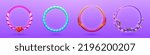 Round ui game avatar frames, elegant fantasy circles with curve ornate rims, tree branch with flowers, heart and twisted decor. Cartoon circular empty borders, isolated graphic gui elements Vector