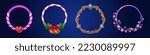 Round ui game avatar frames, elegant fantasy circles with curve ornate rims, christmas decor, tree branch with flowers and heart. Cartoon circular borders, isolated graphic gui elements Vector set