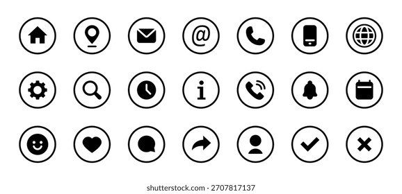 Conjunto de iconos de interfaz de usuario redonda. Hogar, ubicación, correo, teléfono, usuario, chat, Configuraciones y otros Elementos de interfaz en Ilustración vectorial de contorno redondo. Herramientas de navegación esenciales para el signo de los App y el Diseño web moderno.
