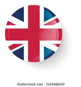 Bandera redonda del Reino Unido. Botón de inserción. Icono de broche de alfiler, pegatina. Estilo vectorial 3D. botón Web.