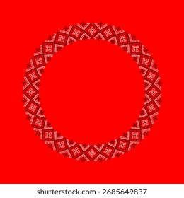 Round Ukrainian embroidery wreath frame vector, traditional ethnic ornament in red and black geometric style, folk seamless circular border design for greeting cards, invitations, backgrounds, prints