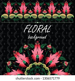 Round ukrainian floral pattern,floral pattern and insert for your text. Delicate ornament on dark backdrop