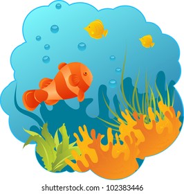 Round underwater background with fishes, algae and corals