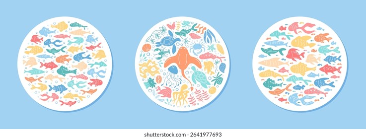 Round underwater sticker design featuring colorful fish, turtles, and sea life. A vibrant marine concept with cartoon aquatic creatures and ocean details. Perfect for aquatic themes decorations.