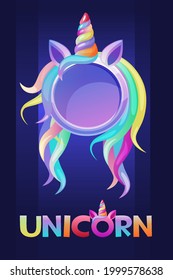 Round unicorn frame, cute blank avatar for ui games. Vector illustration cartoon frame template for graphic design.