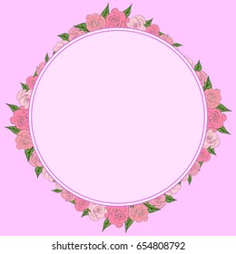 A round, uniform frame of roses with leaves of different sizes with space for text. Tenderness, wedding