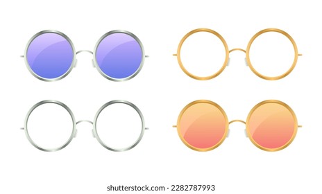 Round unisex sunglasses. Blue accessory to protect eyes from sun with stylish orange lenses and plastic vector frames