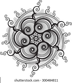 Round, unusual, asymmetrical decorative element - lace mandala in zentangle style. Stylized vector flower for design or tattoo. 
