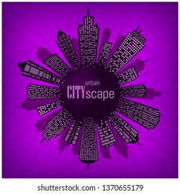 Round urban night cityscape panorama in orange, vector illustration