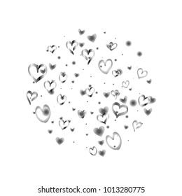 Round Valentines day background with random hand drawn falling silver hearts isolated on white.