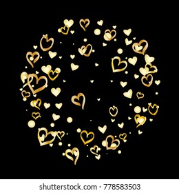 Round Valentines day background with random hand drawn falling golden hearts isolated on black.
