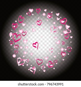 Round Valentines day background with random hand drawn falling pink hearts on transparent background.