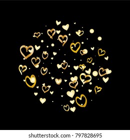 Round Valentines day background with random hand drawn falling golden hearts isolated on black.