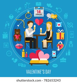 Round Valentines day composition with combined icon set about romantic date vector illustration