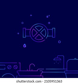 Round valve on pipe gradient line vector icon, simple illustration on a dark blue background, Plumbing related bottom border.