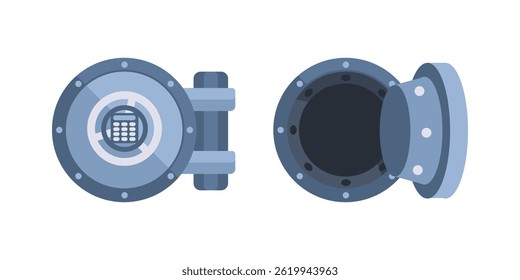 Round vault door closing and opening, protecting money and valuables