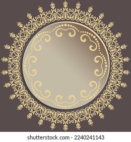 Round vbrown and golden round ector frame with floral elements and arabesques. Pattern with arabesques. Fine greeting card
