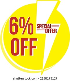 Vector redondo de un 6% de color amarillo con relámpago en el medio. 6% de descuento. anuncio amarillo con relámpago. y con rayo.