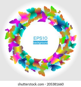 Round vector background with butterflies.A circle of flying multicolored butterflies