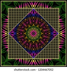 Round vector background with floral pattern in modern style. For design of carpet, shawl, pillow, cushion. Vector illustration.