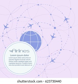 Round vector banner. Flight of aircraft around the globe. Passenger air transportation. Business tours, leisure and tourism.