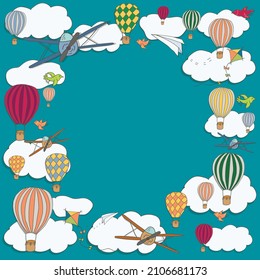 Round vector banner with hot air baloons flying in the sky with place for your text, vector frame