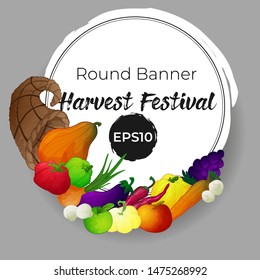 Round vector banner for thanksgiving day or harvest festival with hand draw illustration of cornucopia or horn of plenty with vegetables and fruits and mushrooms on white background 