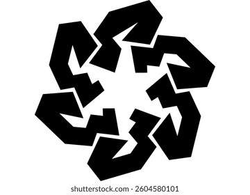 Round vector black pattern on white background. Abstract flower. Symmetrical geometric shapes, dynamics, technical style, minimalism. Disc knife. Modern design element. Star. Snowflake