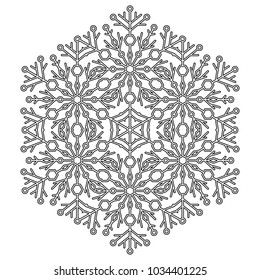 Round vector black and white snowflake. Abstract winter ornament. Fine snowflake