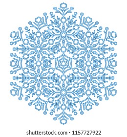 Round vector blue snowflake. Abstract winter ornament. Fine snowflake