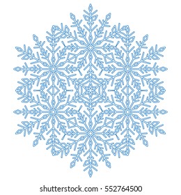 Round vector blue snowflake. Abstract winter ornament. Fine snowflake.