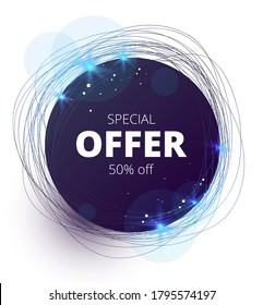 round vector blue sticker with drawn curves thin lines and sparkles with inscription special offer
