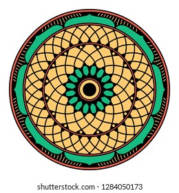 Round vector boho mandala on white background. Hand drawn doodle mandala. Ethnic mandala with colorful ornament. Geometric circle element for decoration holiday cards, background and sites.