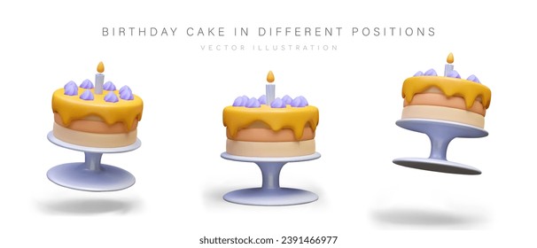 Round vector cake on stand. Festive baking for birthday. Dessert with topping and candle. Set of cream cakes, front, top, bottom view. Web templates for cafeteria