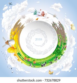 Round vector calendar for 2018 Year  with twirled calendar grid and four seasons rural landscape