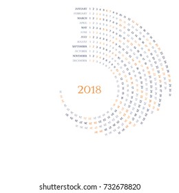 Round vector calendar grid for 2018 year