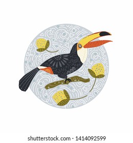 Round Vector Card. Tropical Bright bird Toucan. Folk illustration in Scandinavian style. Summer card.