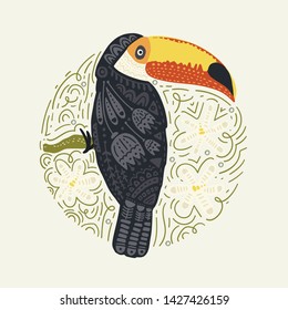 Round Vector Card. Tropical Bright bird Toucan. Folk illustration in Scandinavian style. Summer card.