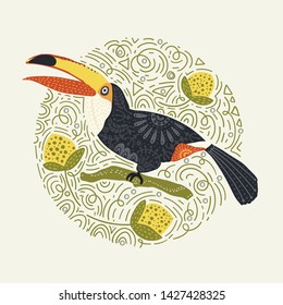 Round Vector Card. Tropical Bright bird Toucan. Folk illustration in Scandinavian style. Summer card.